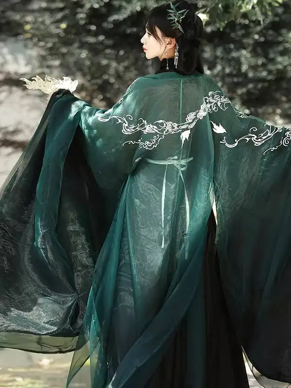 New Improve Wei And Jin Dynasties Hanfu Women Embroidery Large-sleeved Robe Cross-collar Straight-hemmed Robe Cosplay