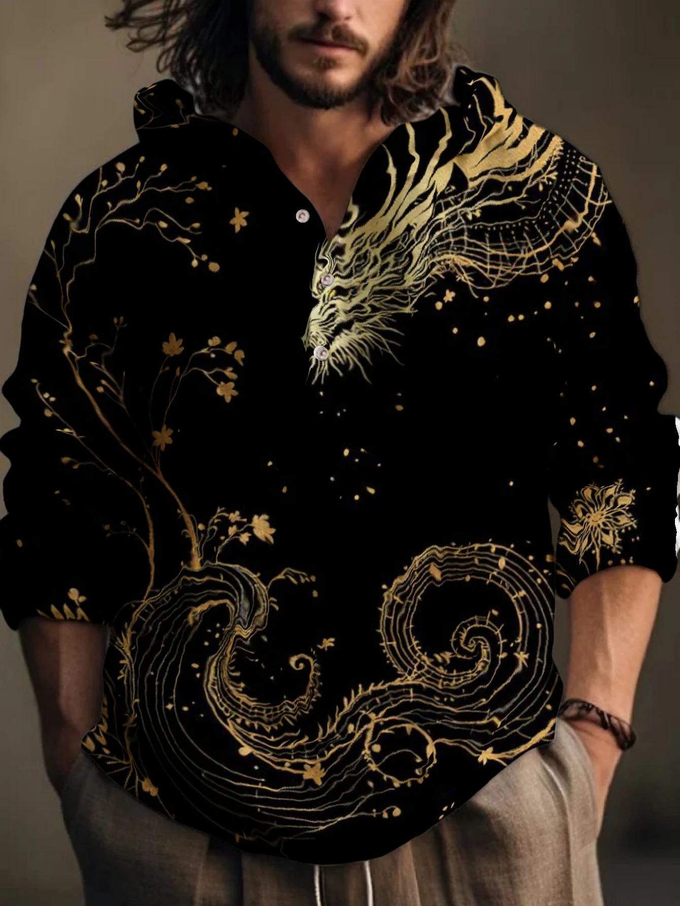 Chemise Henley à capuche pour homme, motif tigre doré et dragon, manches longues, coupe ample, décontractée