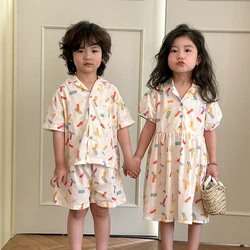 2026 Brother Sister's Clothing Outfit for 1-10Y Boys' Lapel Shirt Shorts 2pcs Girls Colorful Print Shirt Dress Siblings Suit