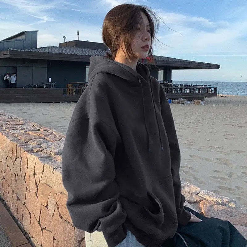 후드가 달린 귀여운 후디 Y2K 여성용 풀오버 스플라이스 릴렉스 라이너 스타일 한국 스타일 O-칼라 성인 여성용 코튼 프리미엄 스타일