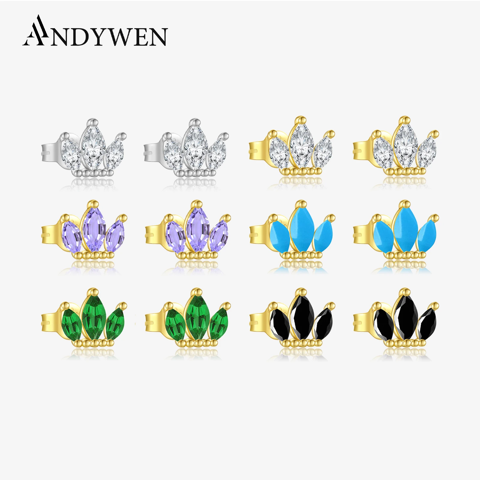 ANDYWEN 925 Sterling Silver Colorful Three Ovals Queen Stud Earring Luxury Fashion Zircon Piercing Three Leafs Small Jewelry