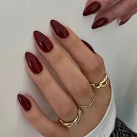 24Pcs/Set Simple Wine Red Fake Nails Mid-length Almond Press on Nails Art Wearable Round Head Oval Full Cover False Nail Tips