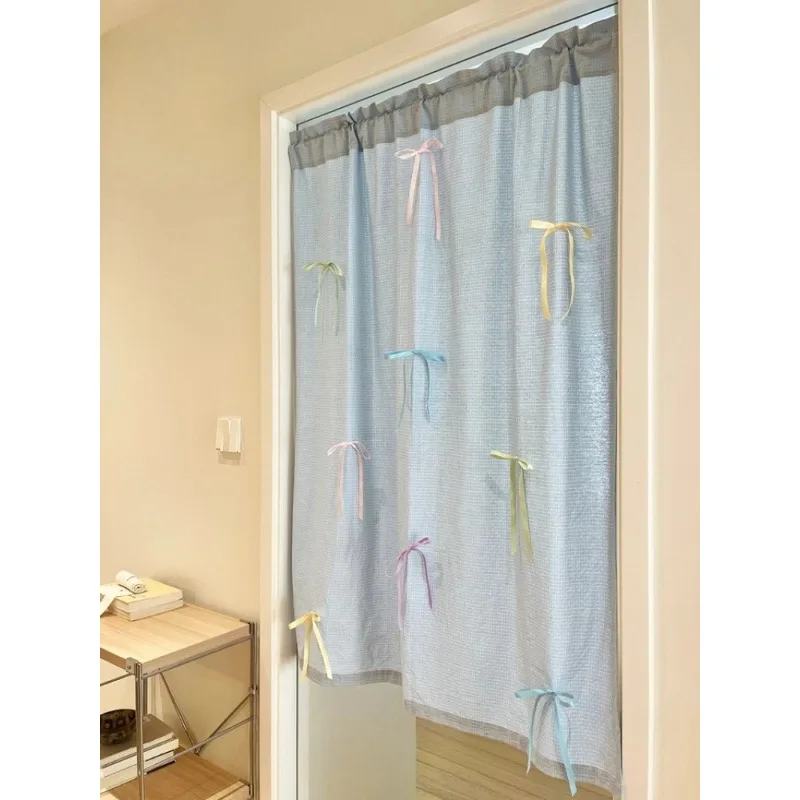 Korean Cute Fresh Girl Light Blue Door Curtain for Bedroom Living Room Small Translucent Retro Romantic Window Drapes Nursery