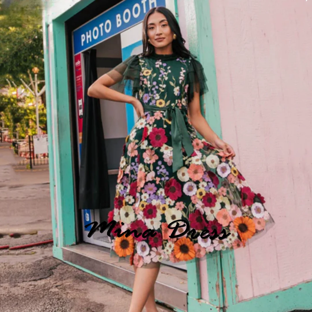 

Mina - Graduation Dress with Embroidered Flowers, Green Dress Short, Princess Evening Dress, Party Dress, Wedding Dress