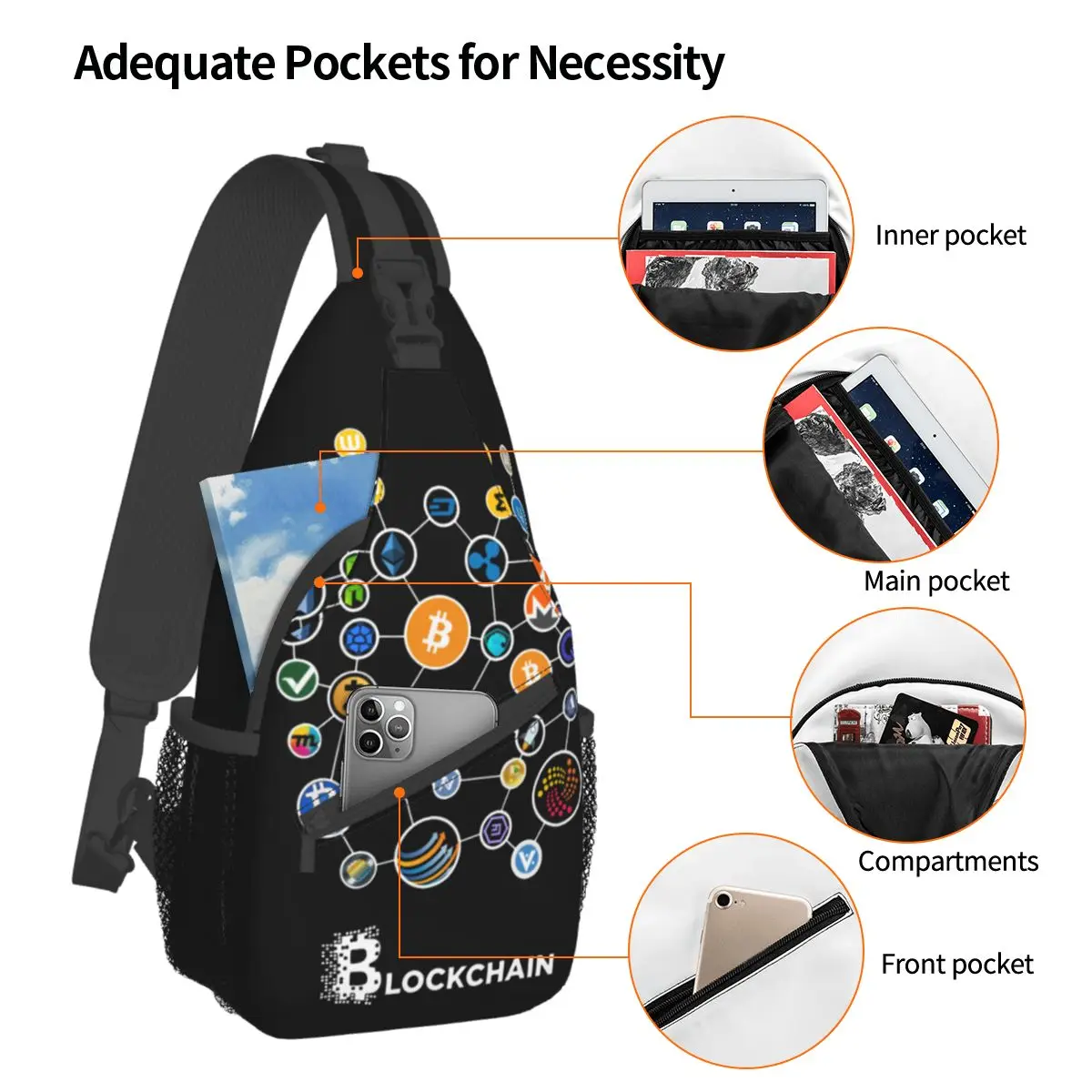 Blockchain BitCoin Ethereum Crossbody Sling Bag Casual Chest Bag Dogecoin Btc Shoulder Backpack Daypack Travel Hiking Cycling