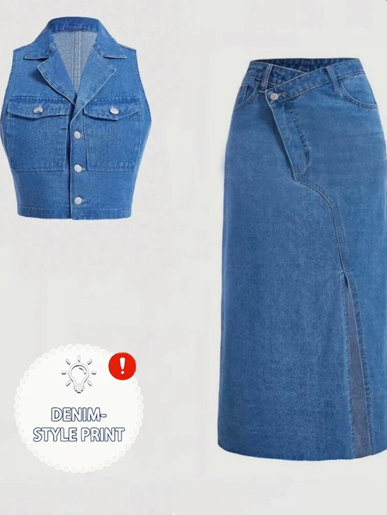 

Denim Style Sleeveless Vest And Midi Skirt Set Casual Two Pieces Outfit For Women