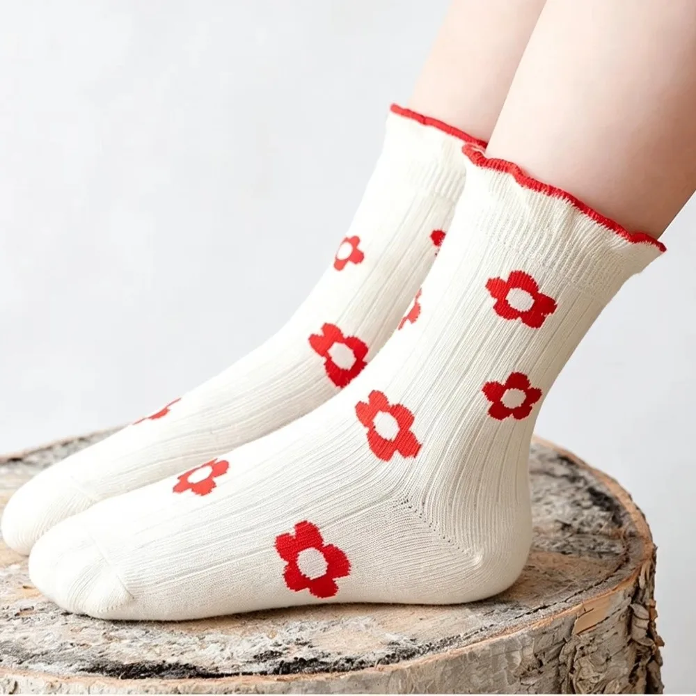 5 Pairs 5 Pairs Pack Kids Crew Socks Floral Print Soft Breathable Cotton Ruffle Cuff Socks Ruffle Cuff Crew Length