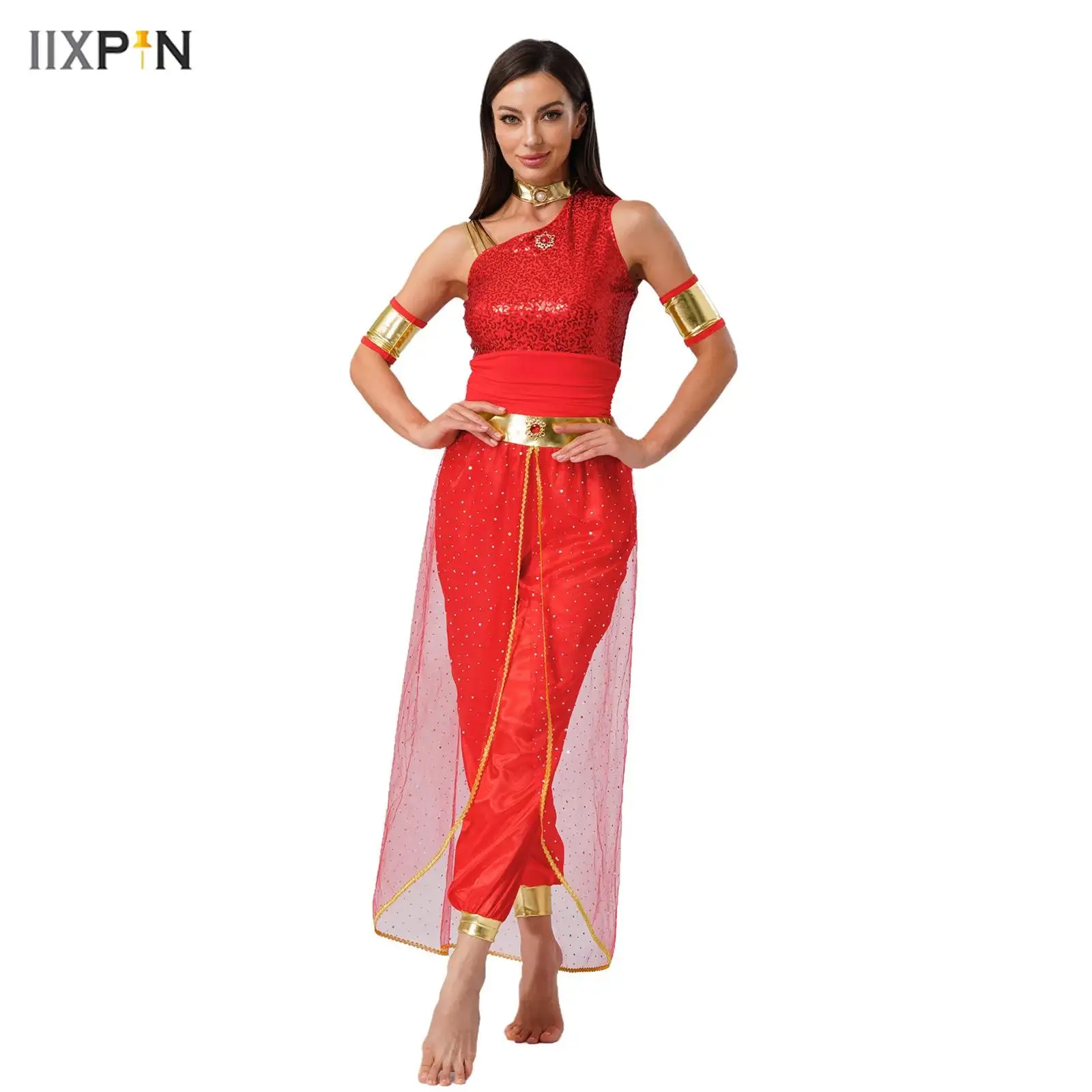 

Womens Arab Princess Cosplay Costume Belly Dance Jumpsuit Gem Decor Shiny Tulle Overlay Jumpsuit+Sleeves for Halloween Party