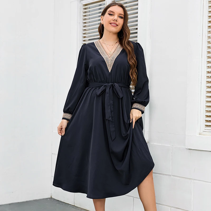 KEBY ZJ Plus Size Dress Urban Office V Neck Bishop Sleeve Belted Women Spring Fall Elegant Street A-line Casual Long Dresses