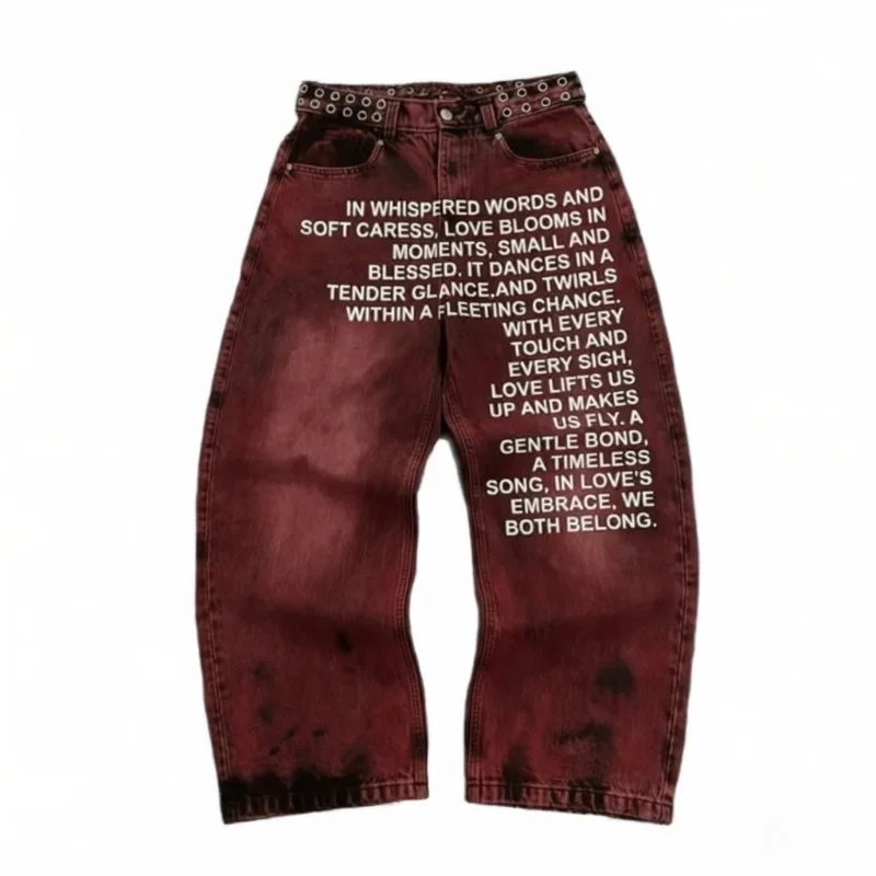Unisex Baggy Jeans Punk Rivet Waistband Poem Text Print Wide Leg Denim Trousers Retro Gothic Streetwear Oversized Pants 2026
