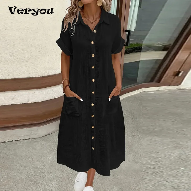 여름 패션 턴다운 칼라 여성 드레스 반팔 라인 코튼 솔리드 컬러 캐주얼 루즈 셔츠 드레스 루즈 미디 드레스
