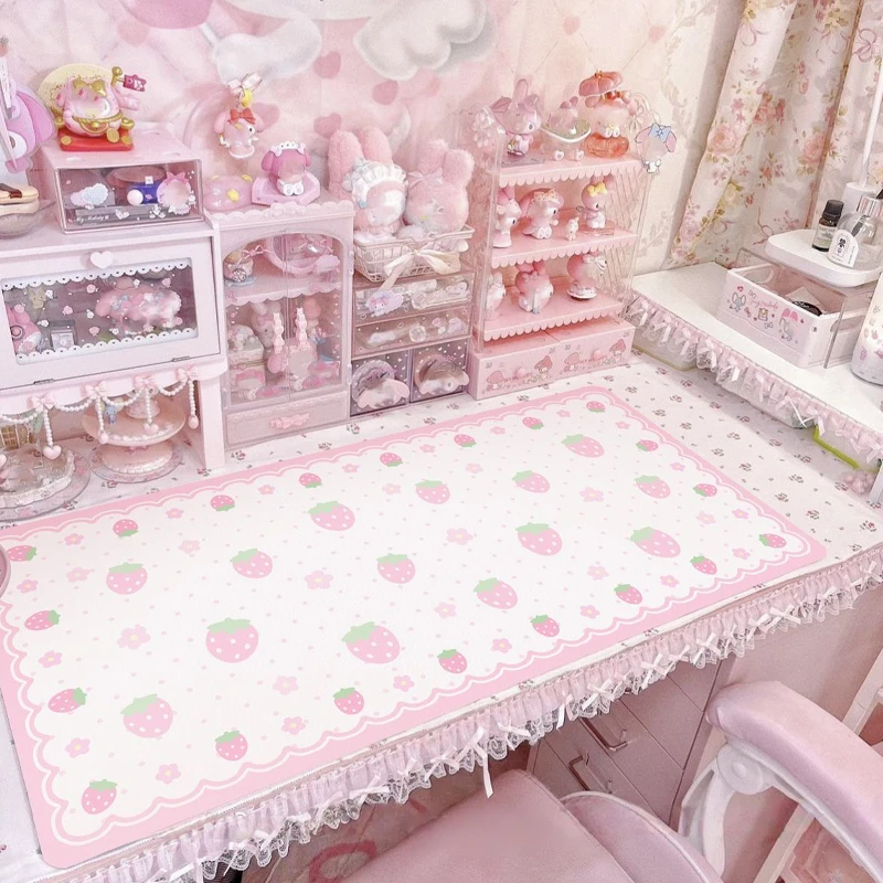 PU Leather Mouse Pad Sweet Pink Piano Polka Dot MousePad Pink Strawberry Office Desk Mat Waterproof Non-Slip PU Desk Blotter Pad