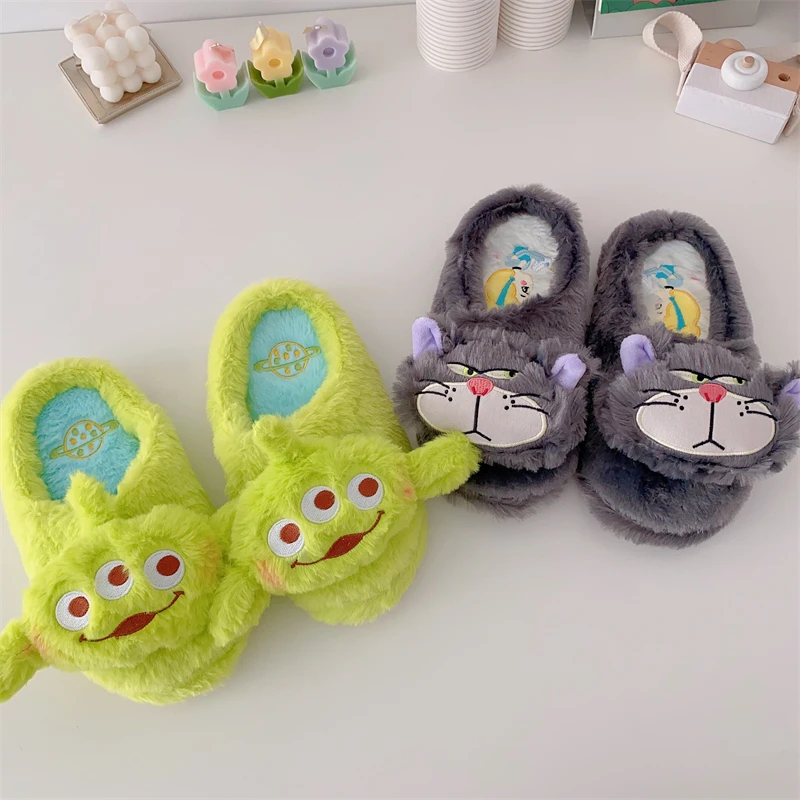 Disney Cute Slippers Lucifer Alien Plush Shoes Kawaii Cartoon Anime Warm Indoor Slippers For Girl Non-Slip Xmas Gifts