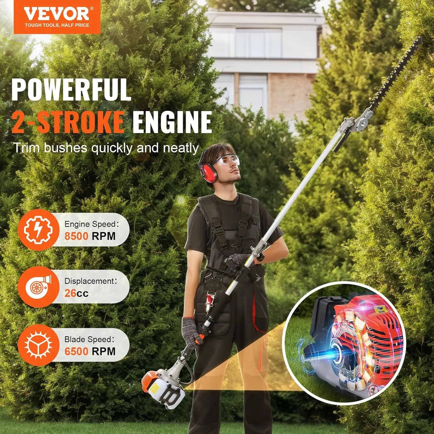 5-in-1 26cc 2 Cycle Gas Powered Dual Sided Hedge Trimmer, Weed Eater, String Trimmer, Edger, Pole Saw Chainsaw Pruner