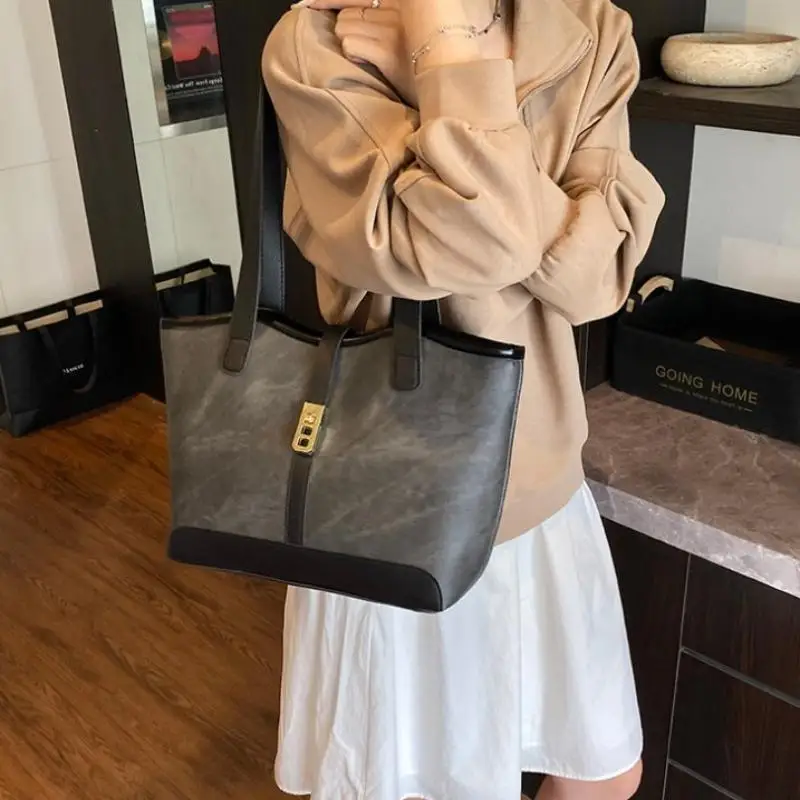 

Модная контрастная холщовая сумка, повседневная универсальная сумка-ведро на плечо, большая вместительная сумка