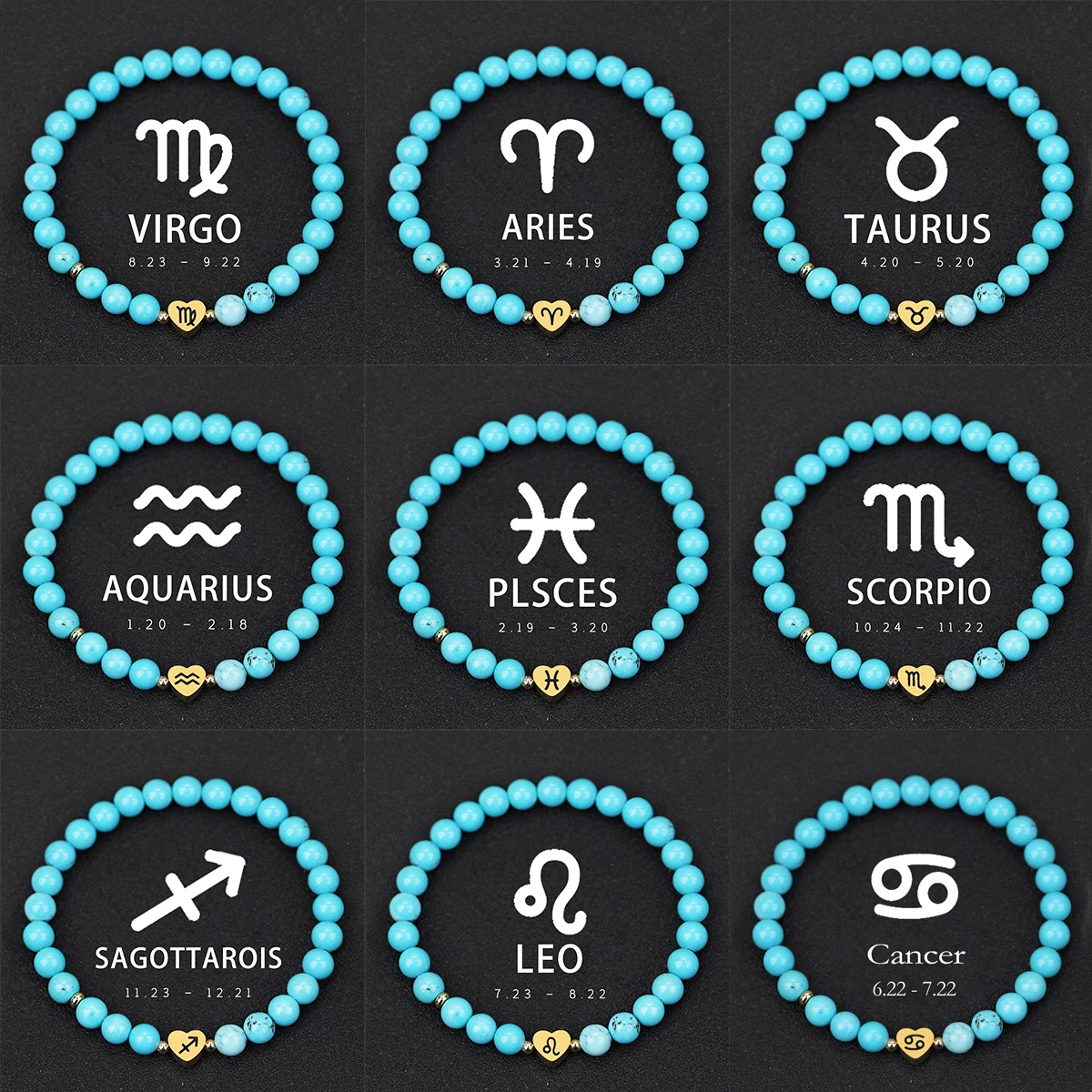 Heart 12 Zodiac Signs Bracelet Homme 12 Constellation Turquoise Jewelry for Women Scorpio Gemini Sagittarius Bracelet