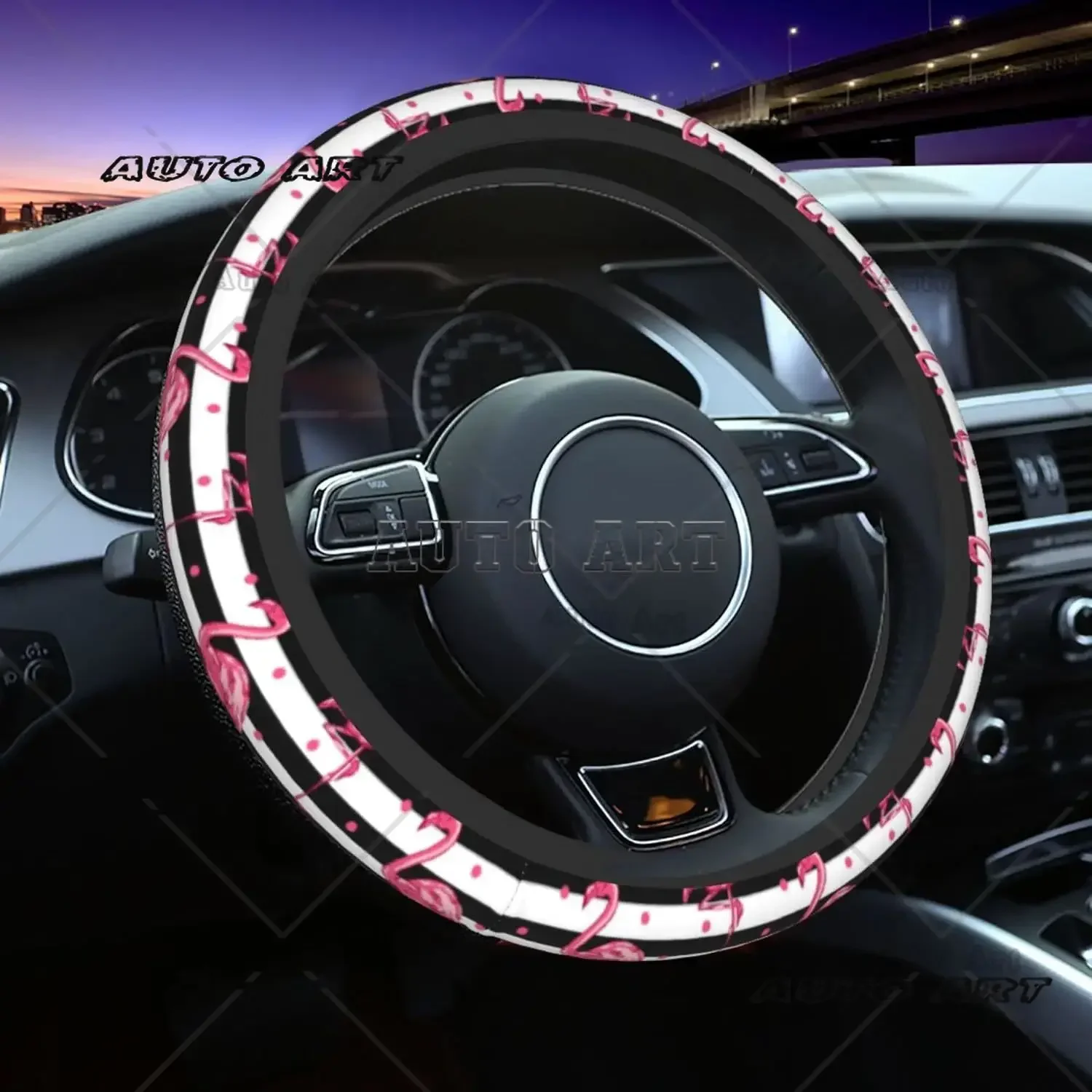 Steering Wheel Cover for Women Men Pink Flamingo Art Black and White Stripe Neoprene Steering Wheel Protector