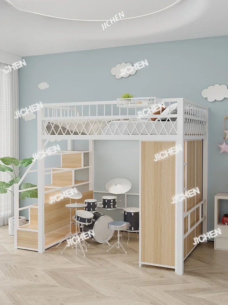 

JCX HSSmall Apartment Bedroom Second Floor Loft Steel Frame Bed Elevated Bed Lower Table Folding Single Upper Lower Wardro