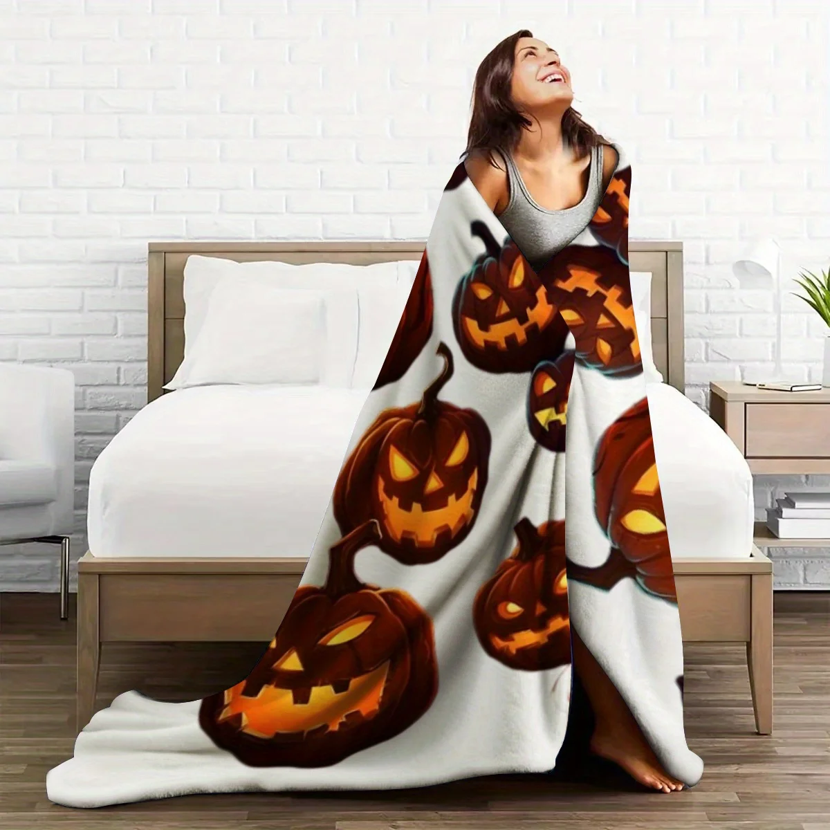 Extra Large Jack-O-Lantern & Glowing Eyes Bedspread/ Couch Cover - Heavy-Duty 40s Thread Count Fabric, All-Season Cozy Throw for