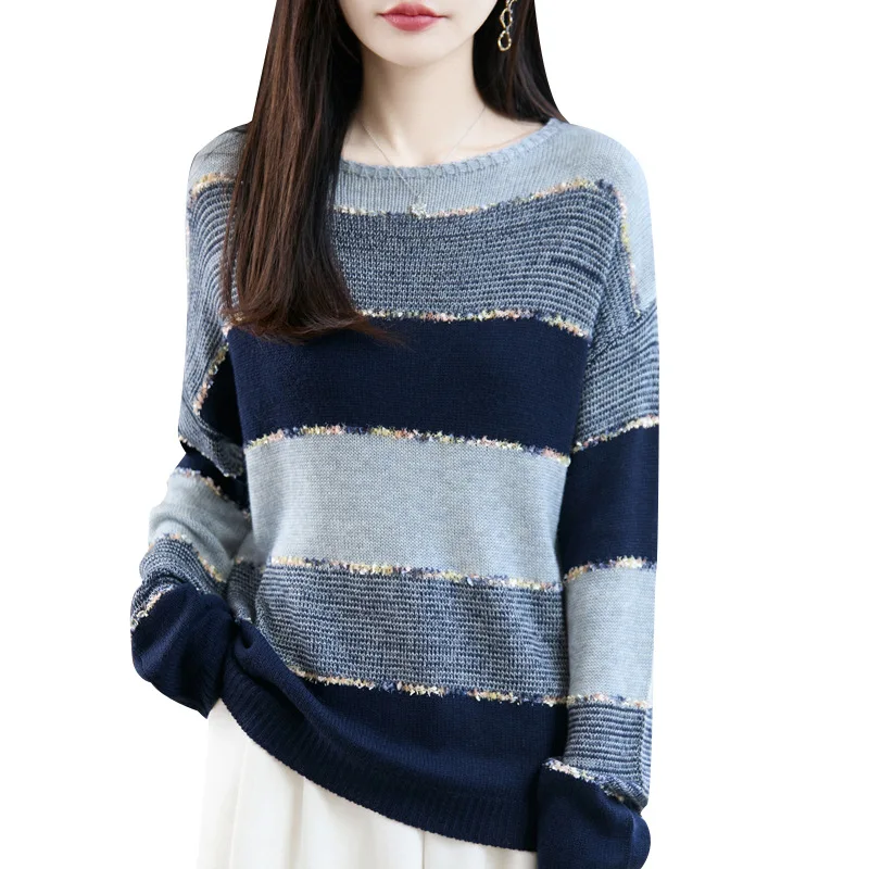 

Autumn Winter Women Sweater Wool Long Sleeve Warm Soft Pullovers O-neck Loose Knitted Sweater Korean Fashion Striped Jumpers