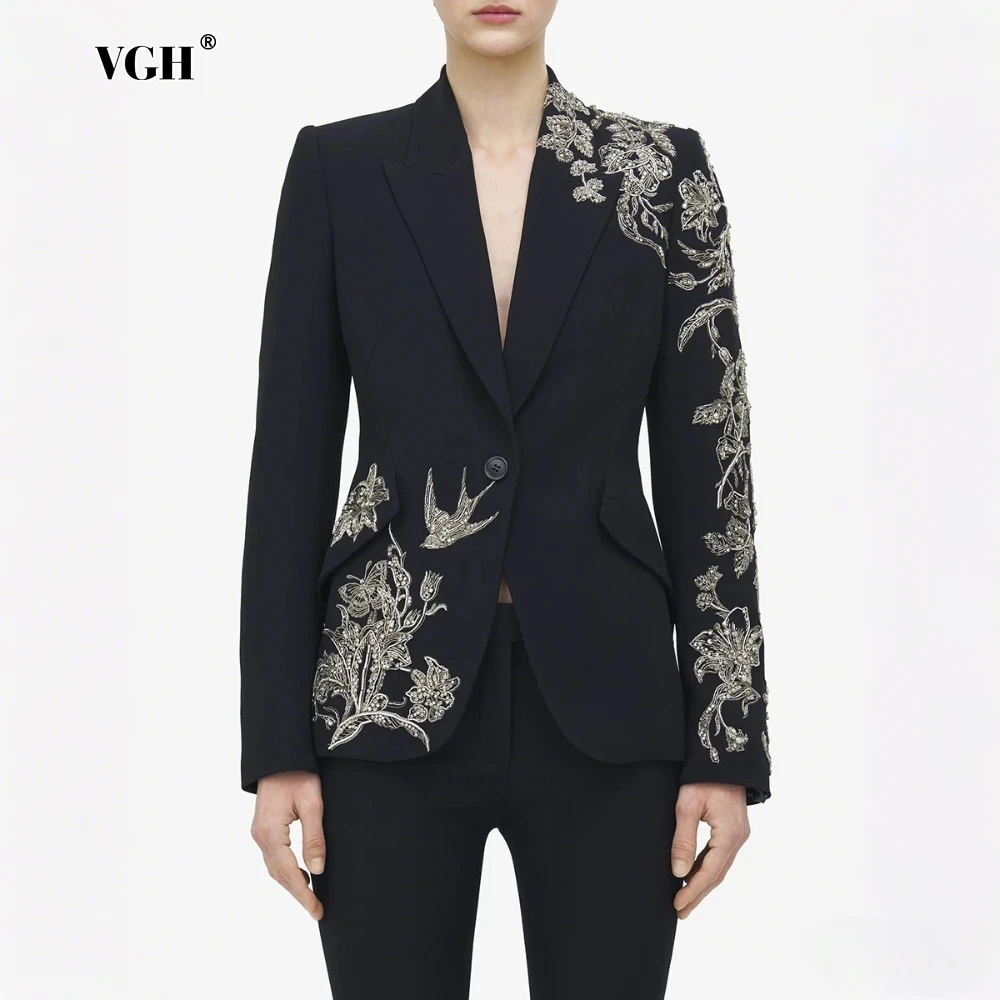 

VGH Luxurious Chic Spliced Embroidery Blazer for Women Lapel Long Sleeve Patchwork Button Slimming Jackets Female Fashion New