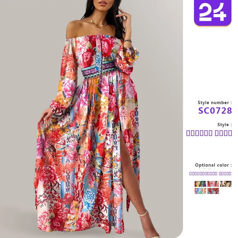 2025 printemps nouveauté v-ne longue Sve imprimé Dr transfrontalier Vintage jambe large fente Maxi jupe trajet Sle Polyester