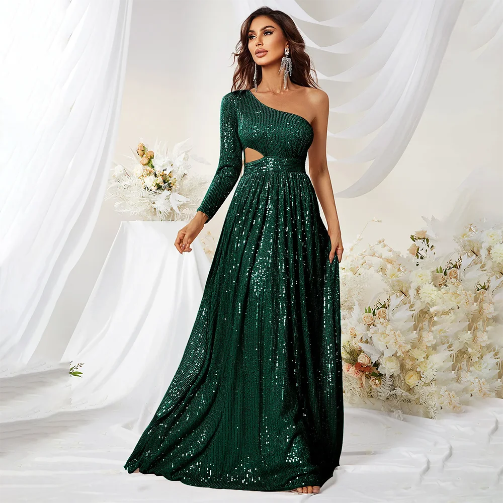 

A Line one shoulder long sleeve Mother of the Bride Dresses luxury green Lace Appliques Beads Flowers Wedding Guest Downs