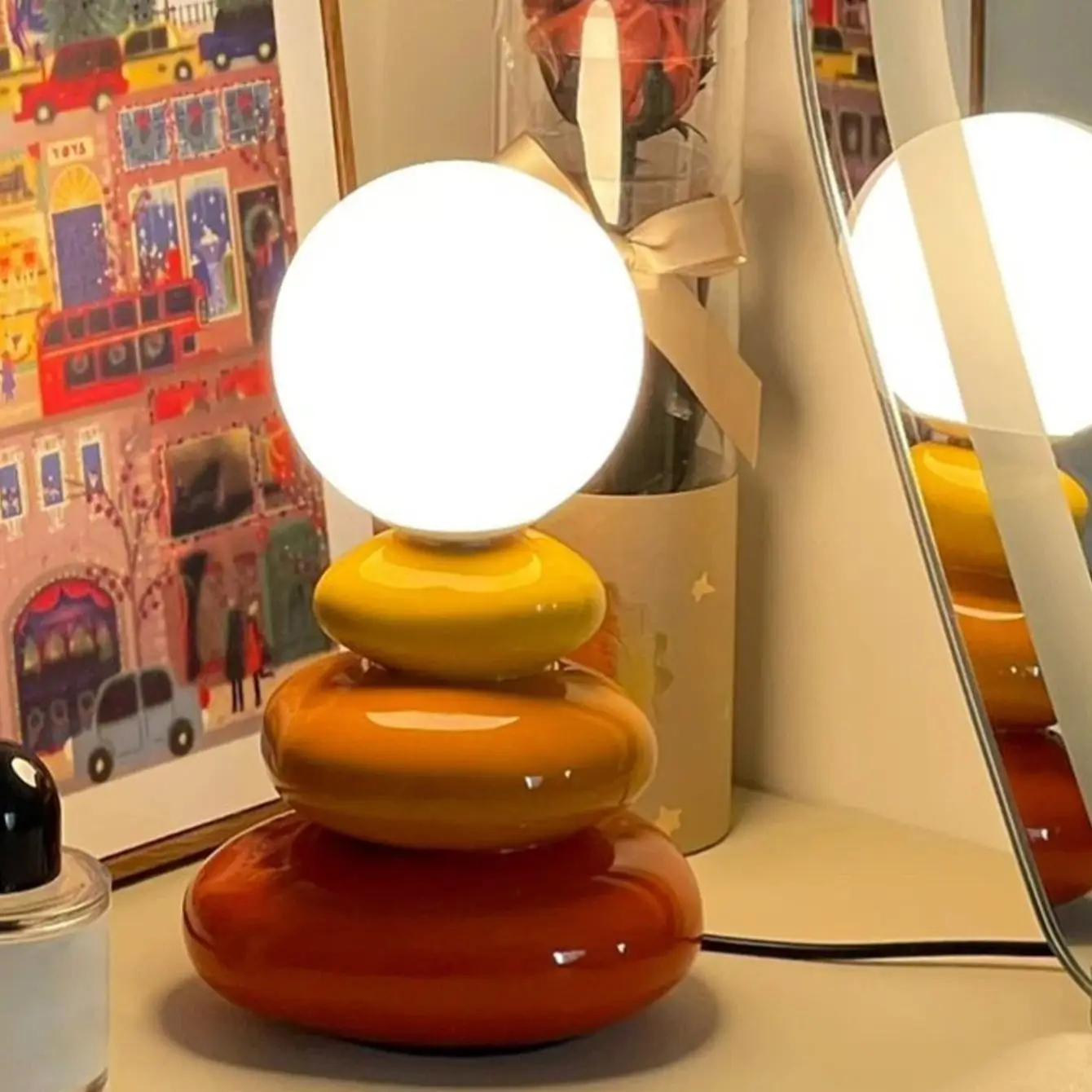 Fashion Stacked Stone Table Lamp Colorful Ceramic Pebble Base Glass Ball Shade Ins Home Bedroom Gift Night Desk Lamp