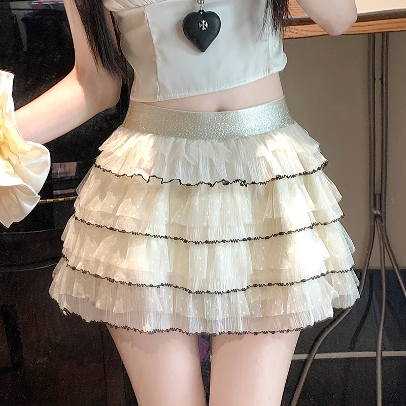 

Korean Style Summer Short Puffy Skirt Girl’s Mesh Layered Skirt Elastic Waist Y2K Vintage Design