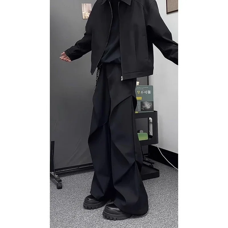 ARENS الذكور السراويل سبليت مطوي الماس على شكل فضفاض عادية واسعة الساق بنطلون واسعة الساق ثلاثي الأبعاد ملابس رجالية الصيف