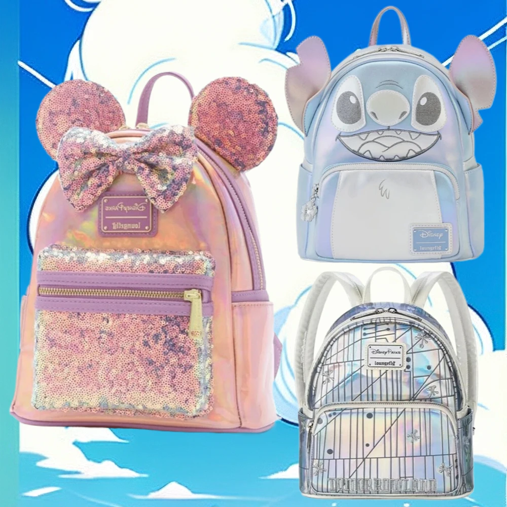 

PU Leather Stitch Women Double Shoulder Backpack Donald Goofy Mickey Lady Bags Sequin Schoolbag Handbag Mummy Bag Girls