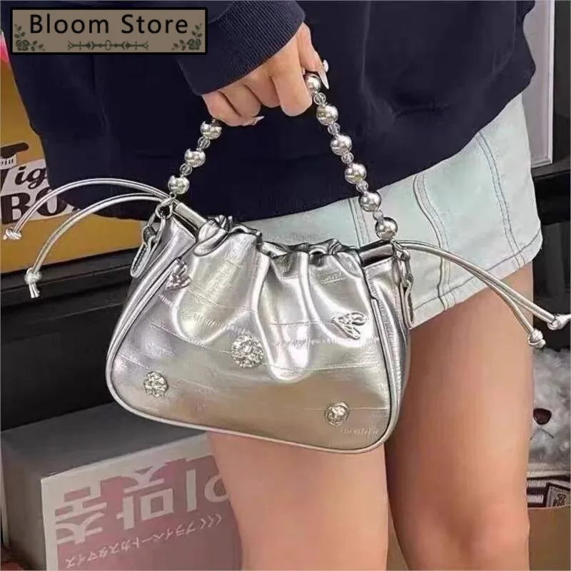 

Haruku Style Sier Dia Studded Handbag Women Beaded Handle Gather Drawstring Chain Shoulder Bags Ladies Y2k Crossbody Bag