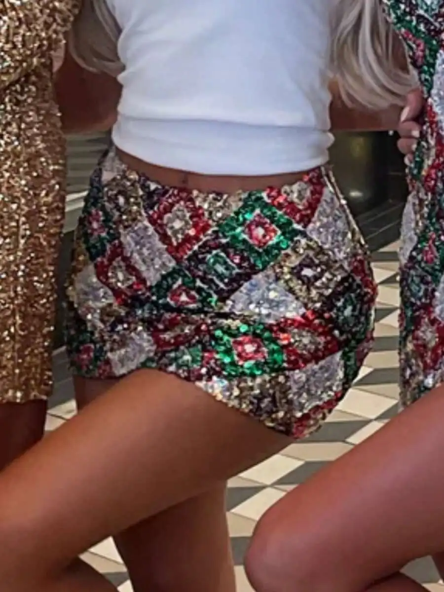 

Womens Sequined Mini Skirt Multicolor Sparkly Pencil Skirt Low Waist Slim Fit Club Party Wear