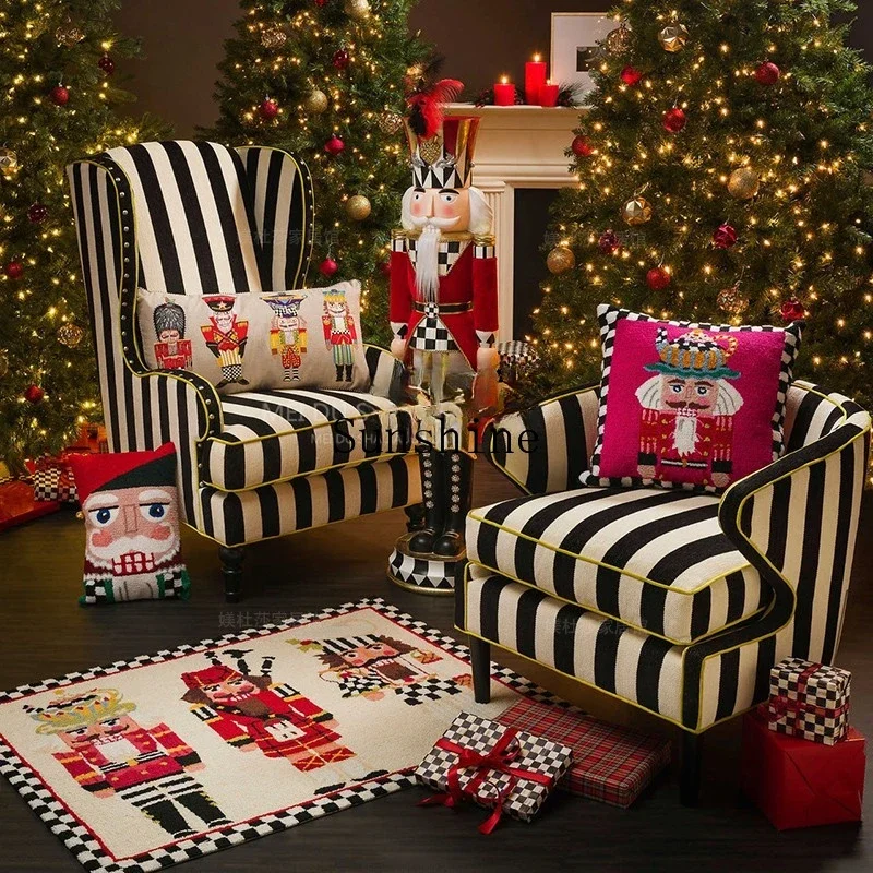 

American country black and white striped single sofa chair French retro living room casual high back tiger chair