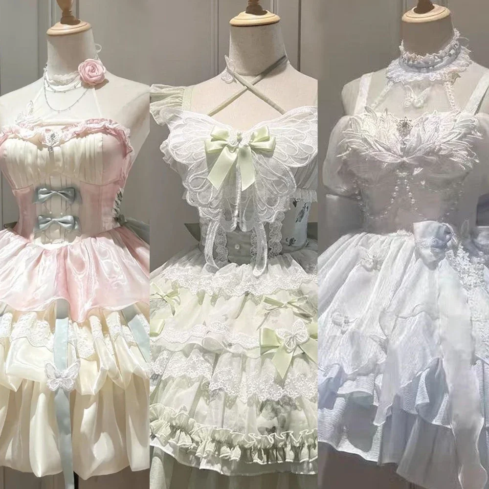 Verano dulce Lolita Y2k Mini vestidos mujeres encaje Patchwork manga corta elegante vendaje francés Vintage Vestido corto de fiesta Mujer