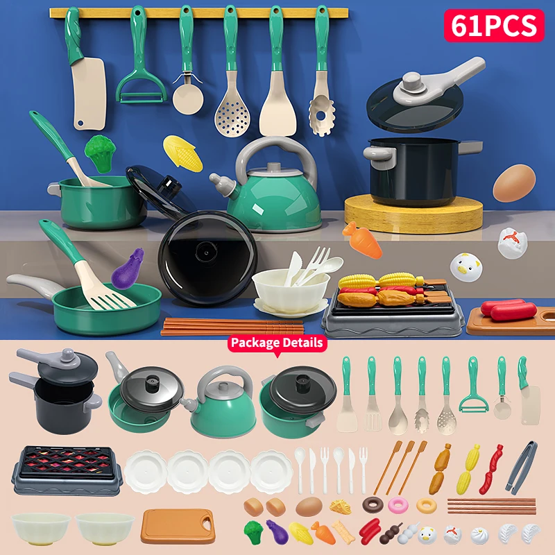 Kids Play Kitchen Toys Set Toddlers Pretend Cooking Playset Acccessories with Pots Pans, Utensils Cookware, Foods