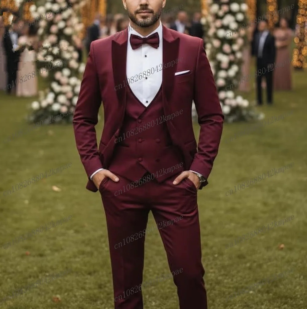 

New Burgundy Formal Men Suit Groom Groomsman Wedding Party Prom Business Male Tuxedos 3 Piece Set Blazer Vest Pants