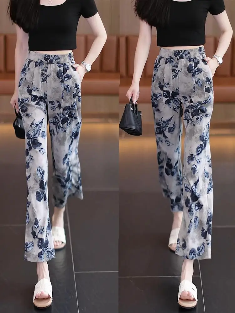 

High Waist Loose Ice Silk Straight Leg Pants Nine Points Casual Loose Drapey Small Size Water Ink Print Summer Lightweight Ou...