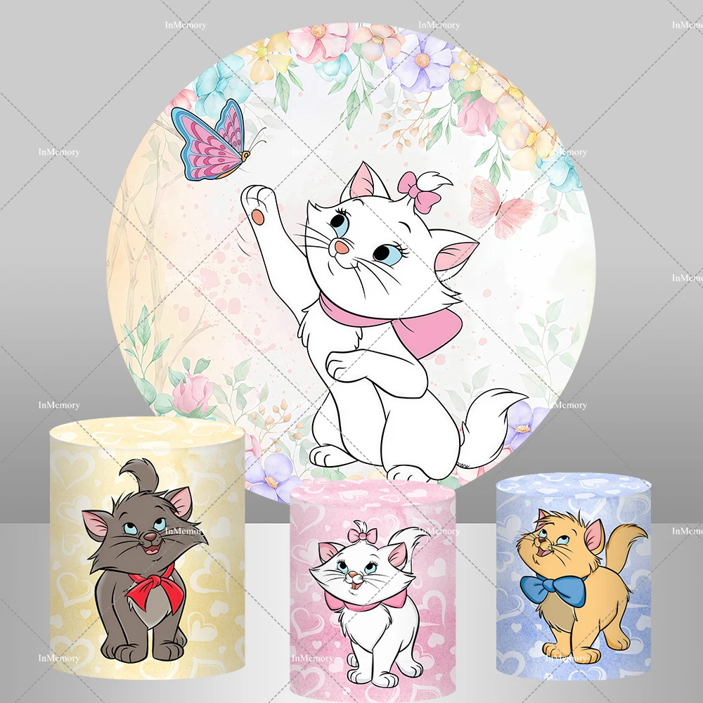 Disney Lazy Marie Cat Round Backdrop Cover for Girls Baby Shower 1st Birthday Party Decoration Backgrounds Cylinder Covers