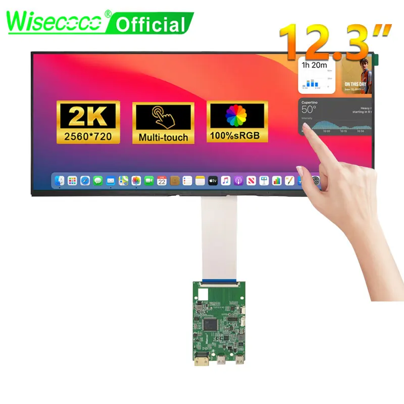 Wisecoco 12.3 Polegada 1920x720 touchscreen incorporado display automotivo barra de estiramento ips tela larga tft lcd placa controladora