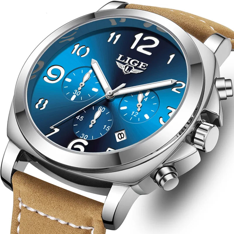 

Роскошные мужские часы LIGE, водонепроницаемые часы с хронографом и светящимся циферблатом для мужчин, повседневные кожаные спортивные военные мужские кварцевые часы + коробка