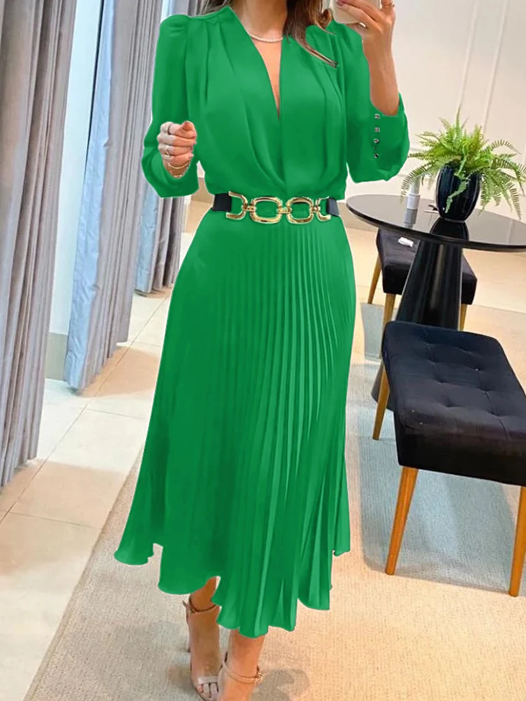 D​rauuing Black Ankle Length Dresses Women V Neck Long Sleeve Loose Elegant Office Lady Fold Dresses Women Autumn New