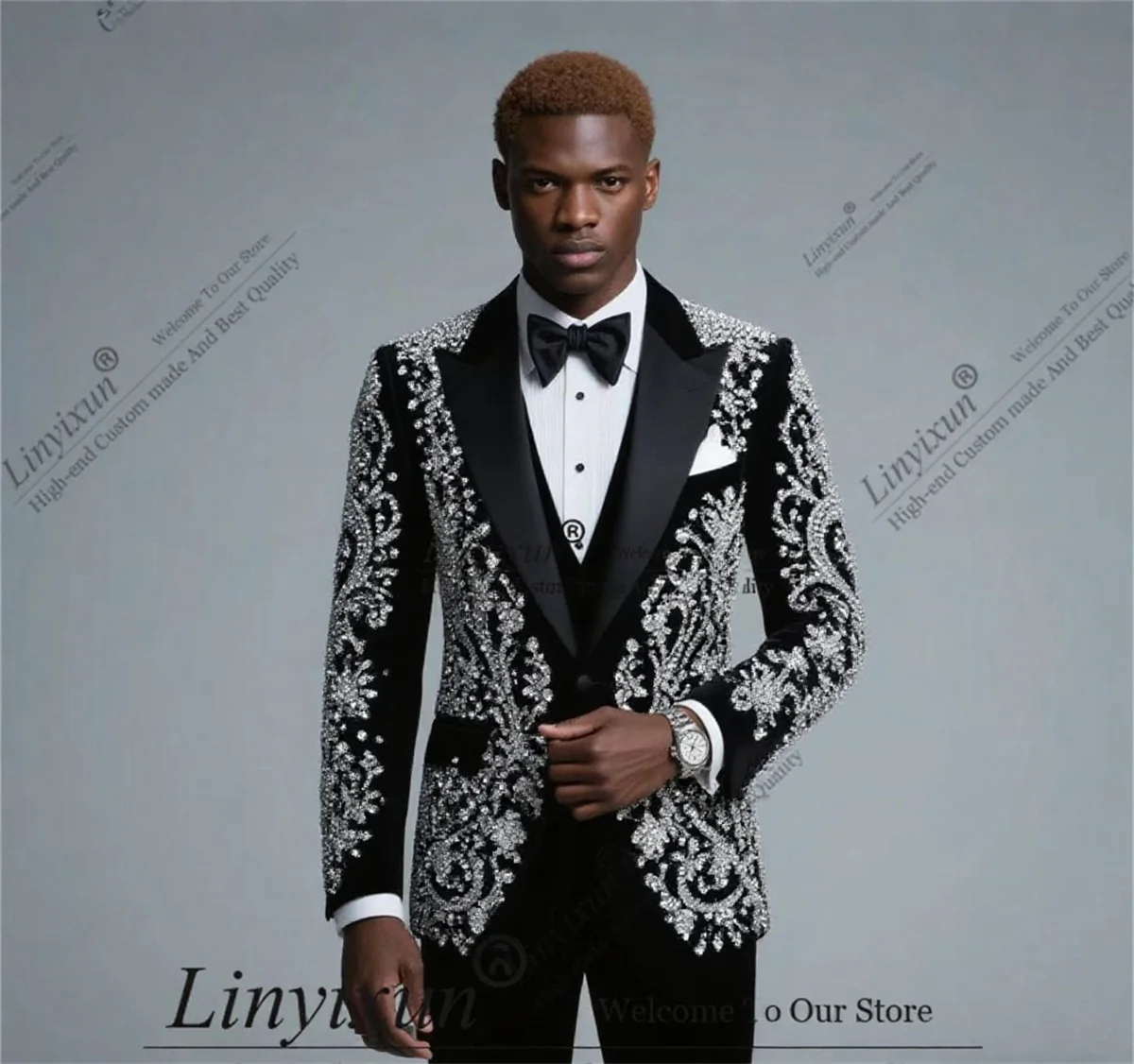 

High End Diamond Beaded Men Suit Handsome Customized Wedding Tuxedos Peaked Lapel Ropa Hombre 2 Pieces Sets Groom Male Blazers