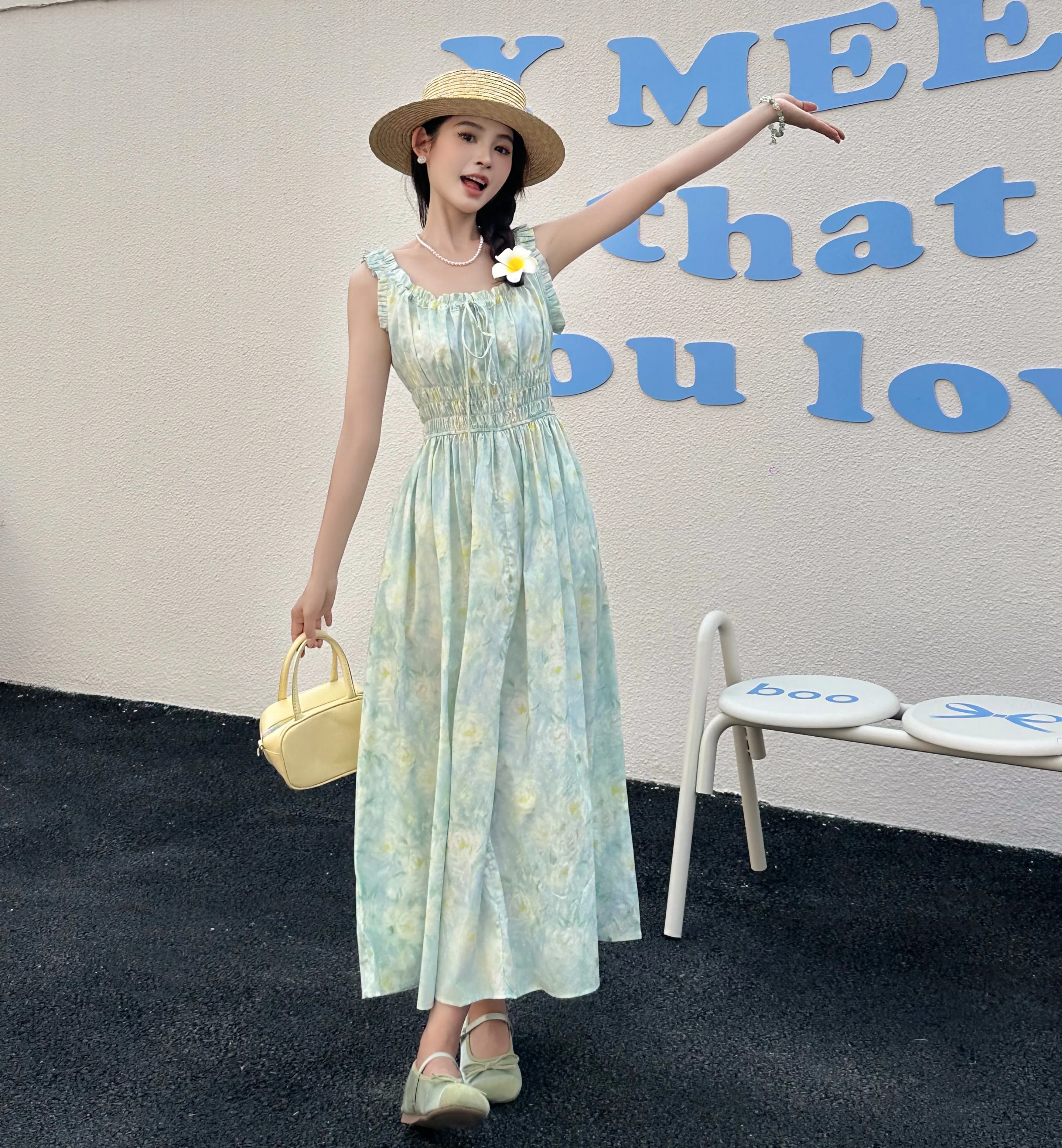 

Summer Flower Print Women's Cotton Dress Sleeveless Female's Long Dresses Clothing with Elastic Waist