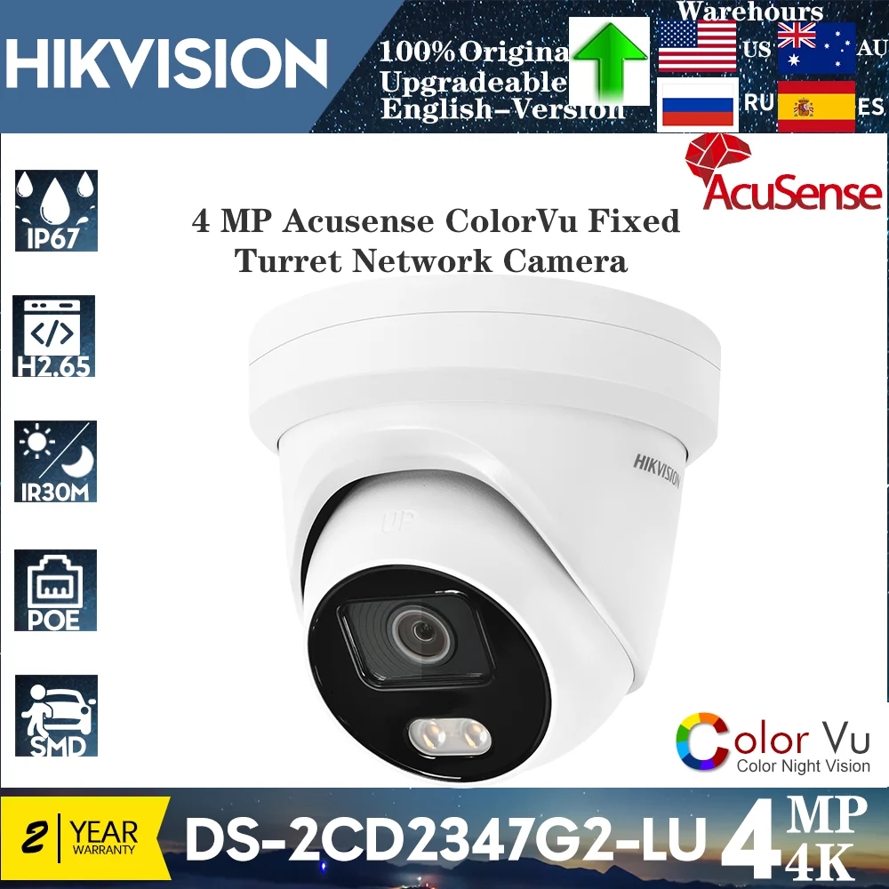 Original Hikvision 4MP POE DS-2CD2347G2-LU ColorVu Câmera IP H.265 + Microfone embutido ColorVu AcuSense Turret Camera