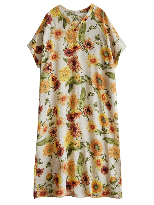 

Длинная свободная пляжная юбка из тонкого хлопка с желтым цветком и v-образным вырезом Vaion Sle Summer Dr, халат с прикрытием мяса в стиле ретро для больших размеров