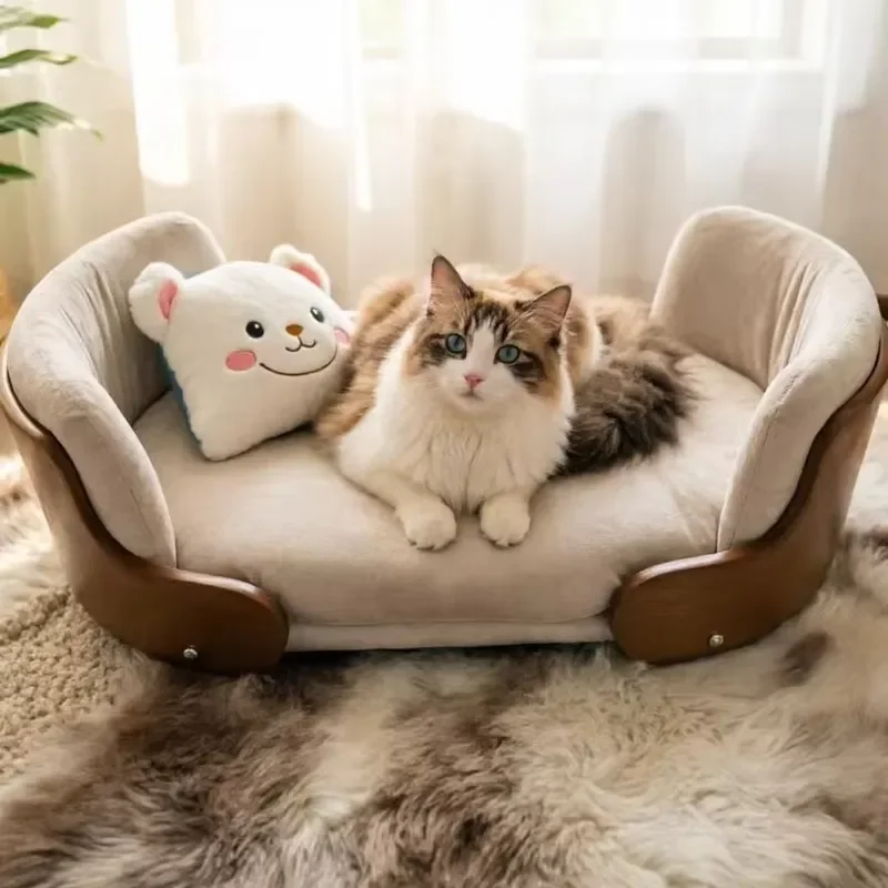 Breathable Wooden Sponge Pet Bed for Small Medium Dogs Cats Removable Washable Sofa Nest Universal All Seasons Comfortable