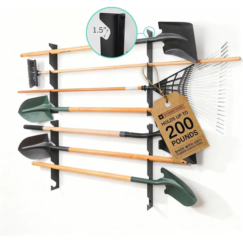 

Garage Wall Mount Horizontal Tool Organizer - Heavy Duty Steel Rack for Shovels, Rakes, Brooms, Mops - Holds 200 lbs