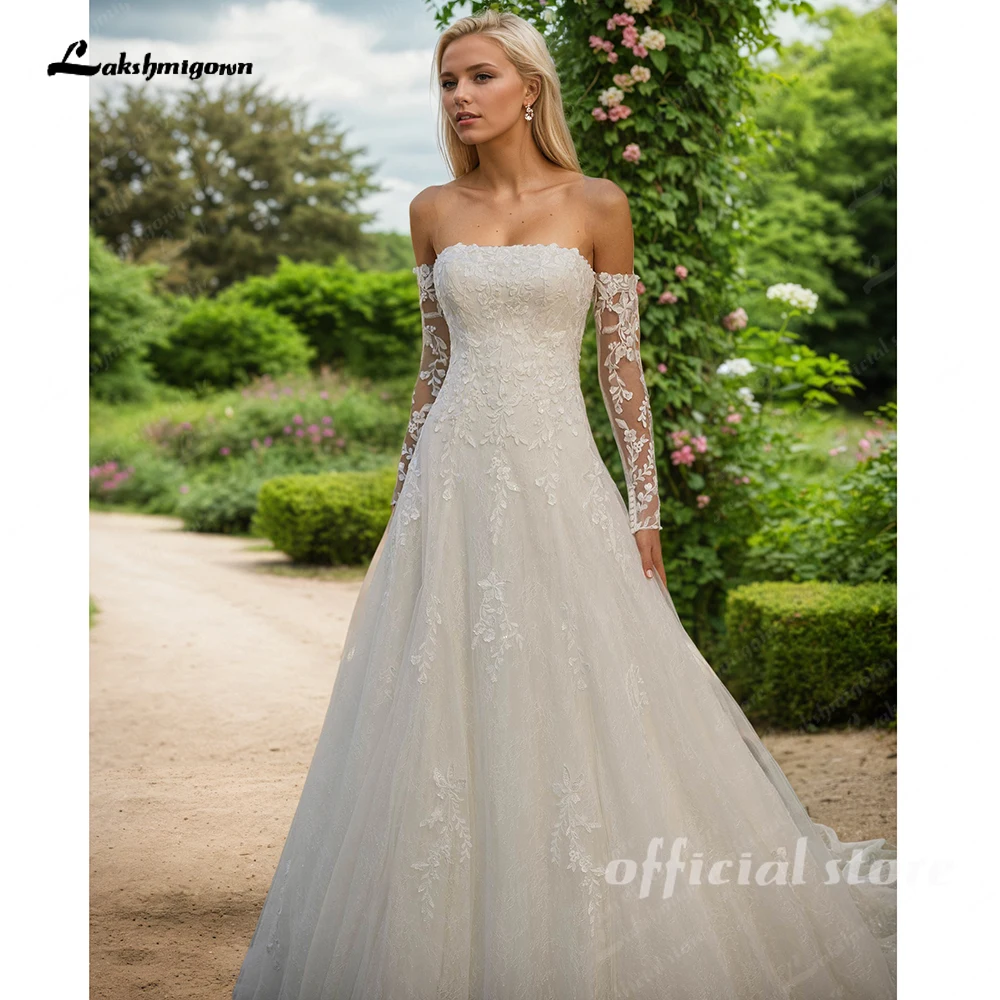 

Lakshmigown Strapless Wedding Dresses A Line Appliques Long Sleeve Woman's Bride Gowns Off The Shoulder Customized