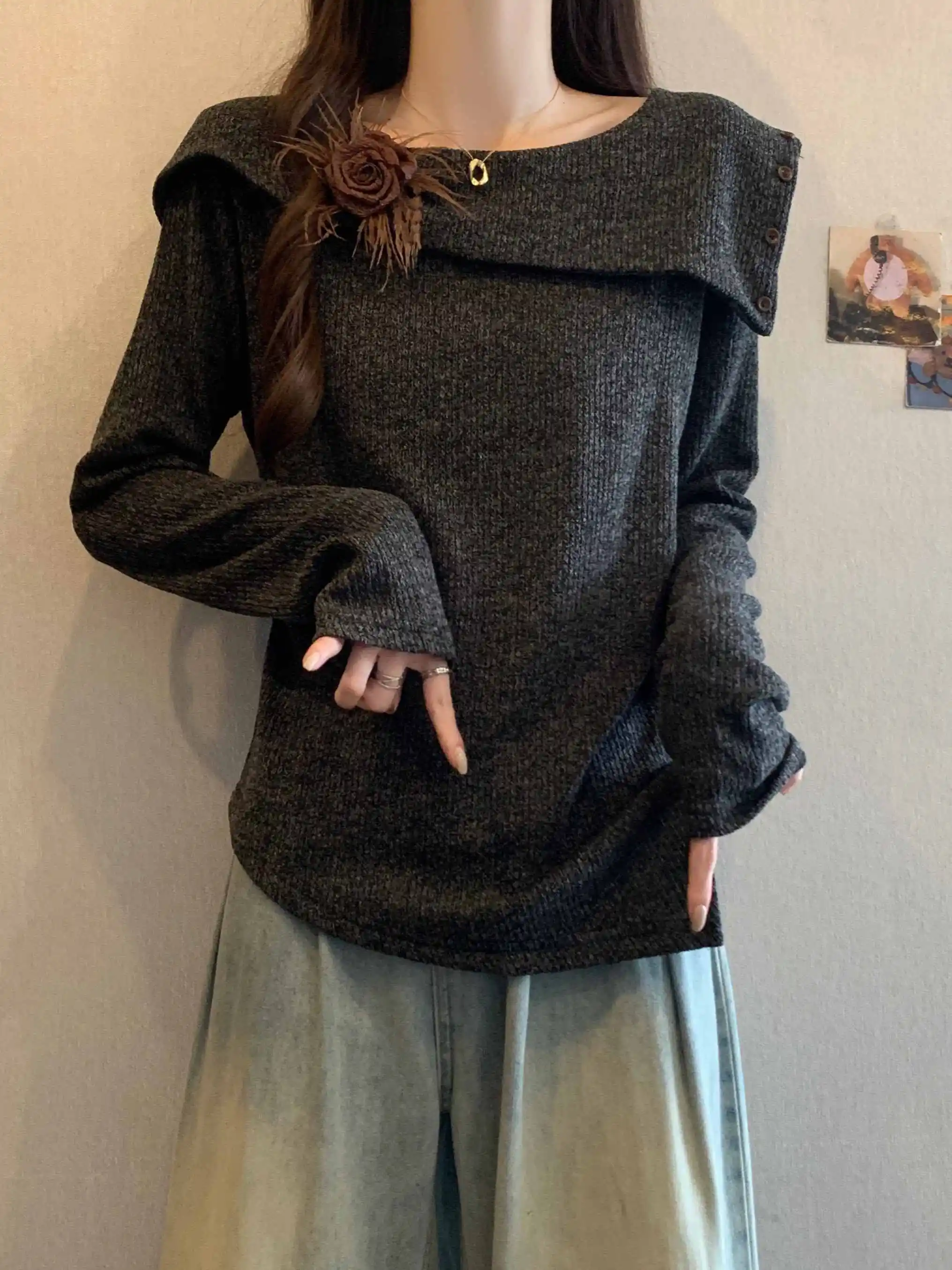 

Spring Knitted Sweater Women's Large Size Irregular oulder One-oulder Flip Collar 3D Flower Embroidery Korean Sle Loose...